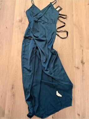 PrettyLittleThing Teal Blue Satin Faux Wrap Maxi Dress NWT 8